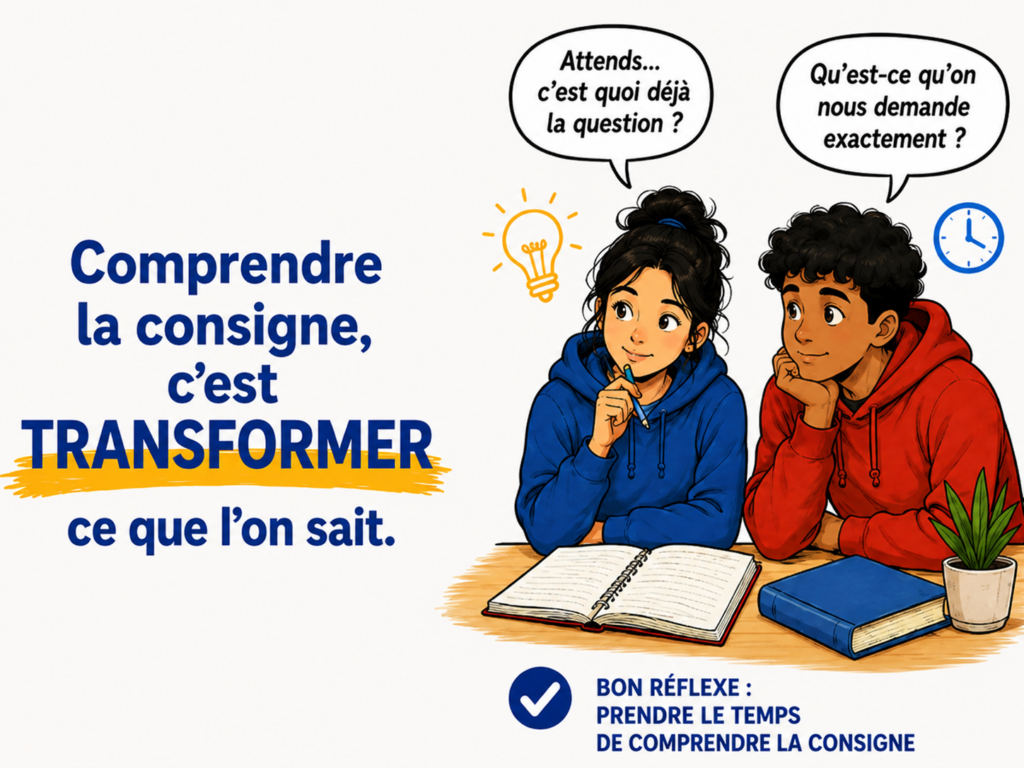 Deux adolescents prennent le temps d’analyser une consigne pour comprendre ce qu’ils doivent faire avant de répondre.