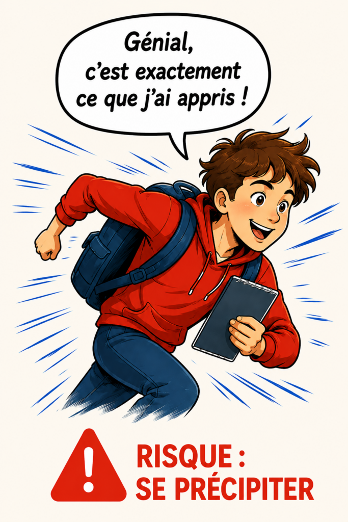 Ado qui se précipite après avoir reconnu son cours sans vérifier la consigne