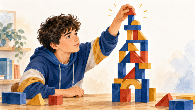 Adolescent concentré assemblant une construction géométrique, illustrant les compétences d'organisation transférables à l'écrit