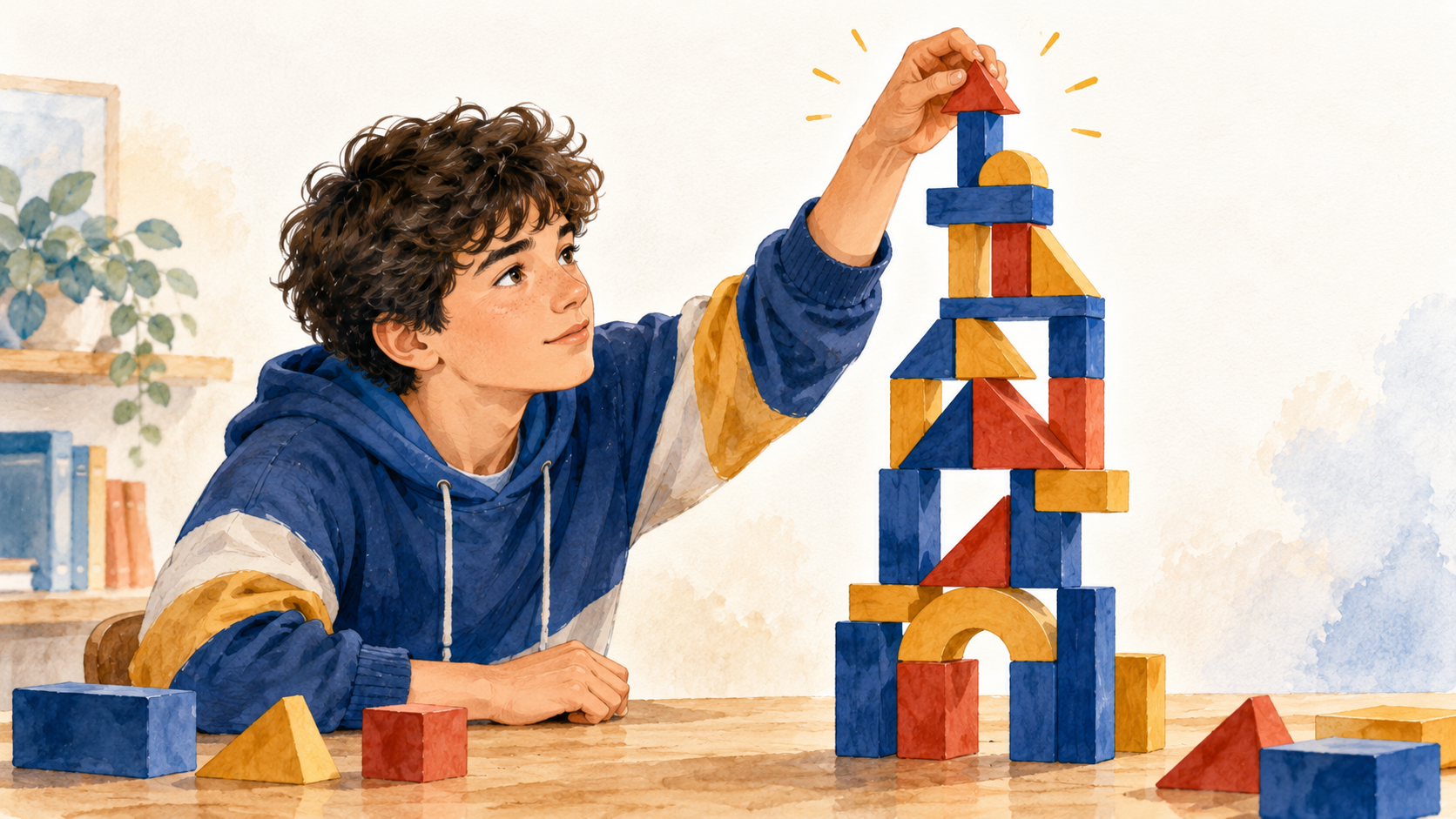 Adolescent concentré assemblant une construction géométrique, illustrant les compétences d'organisation transférables à l'écrit
